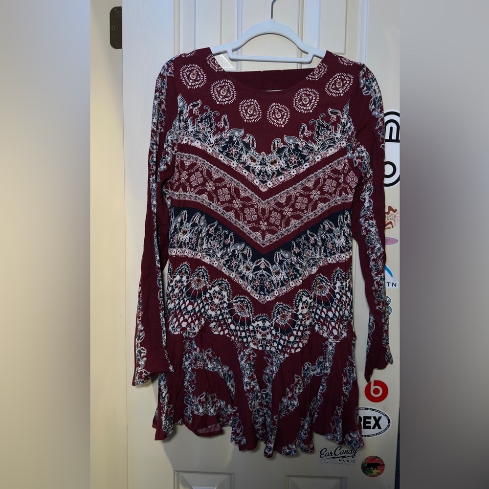 Free People Maroon and Black Patterned Long Sleeve Top